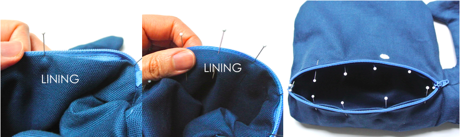 How to pin lining to zipper for whale snack bag