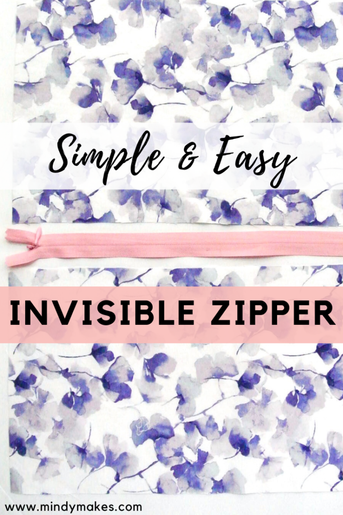 Shows closed invizible zipper with two pieces of fabric, one on top one on bottom with text "simple Easy" on top and "Invisible Zipper" on bottom