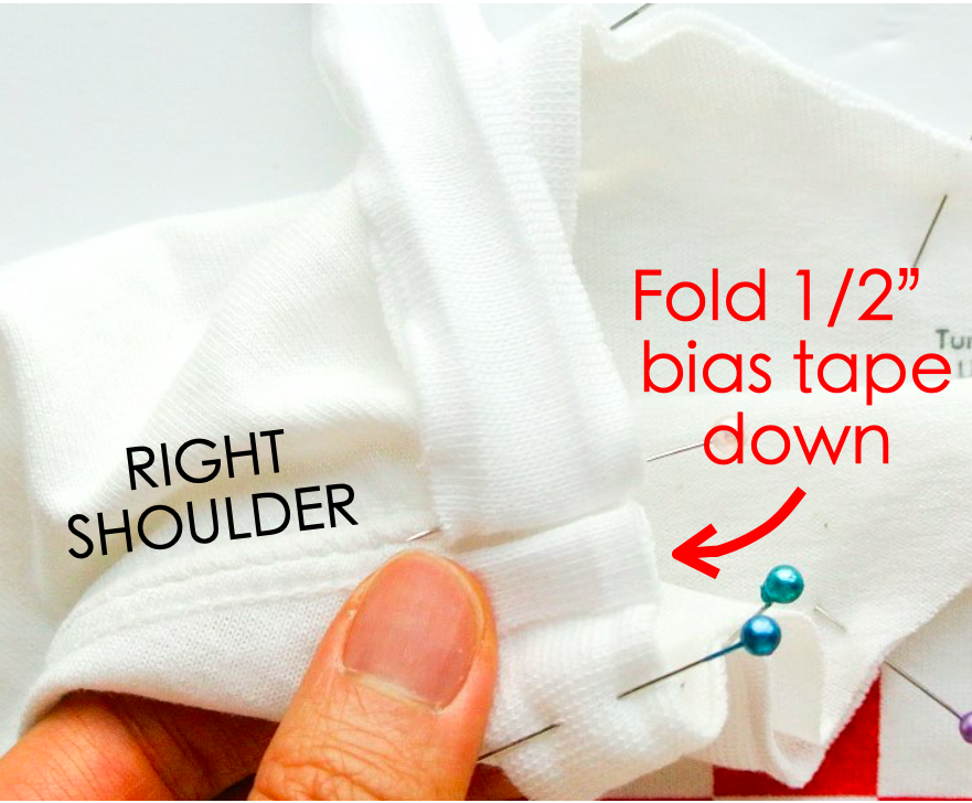 How to alter crew neck t shirt neckline. Pinning bias tape around neckline