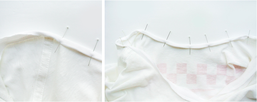 How to alter crew neck t shirt neckline. Pinning sewn bias tape to neckline