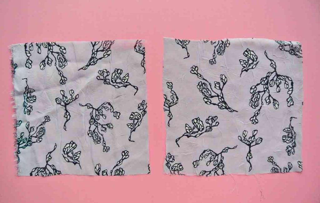 Rotary Cutter vs Scissors. Shows two piece of chiffon fabric, one cut by rotary (left) and one cut by scissors (right)