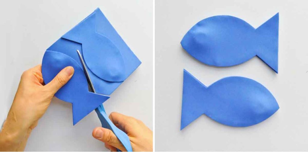 Shows hands cutting out magnetic foam fish and finished magnetic blue foam fish