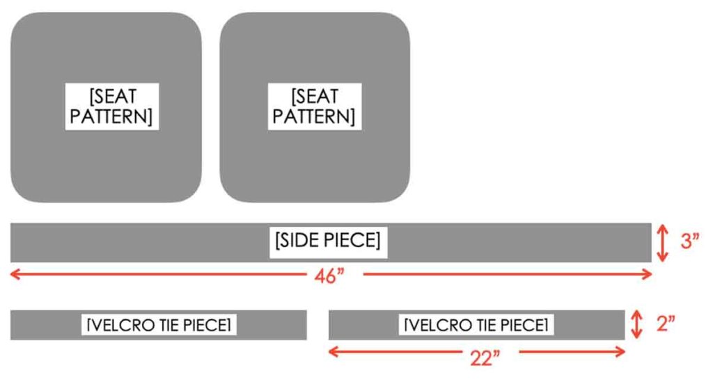 Pattern Pieces of Square Bar Stool Cushion with measurements. 