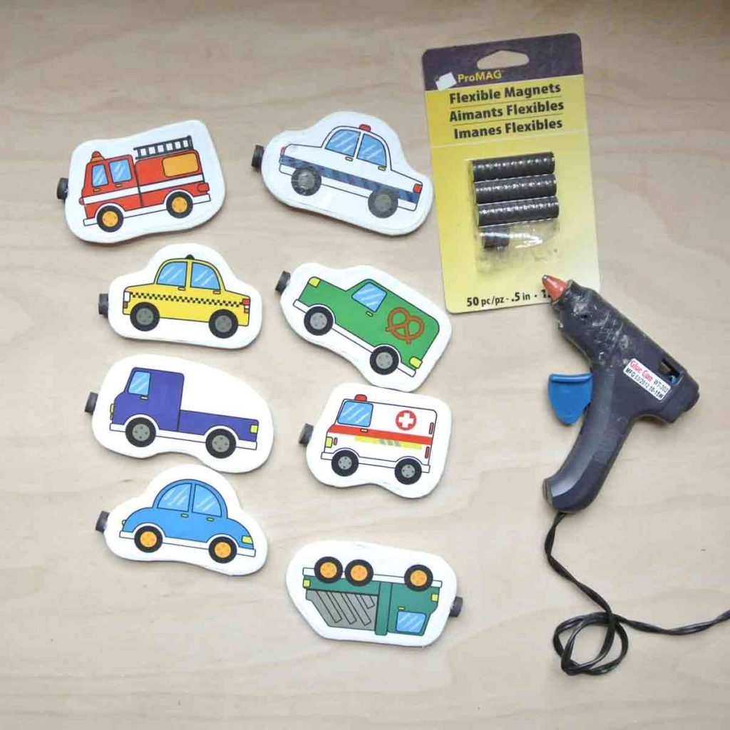 Foam cars with magnets glued on using glue gun. Magnet activities and crafts for preschoolers