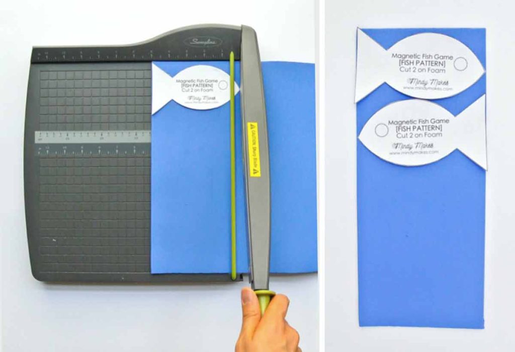 DIY Magnetic Fishing Game Cutting Foam with paper cutter and laying Fish Pattern On Cut Blue Foam