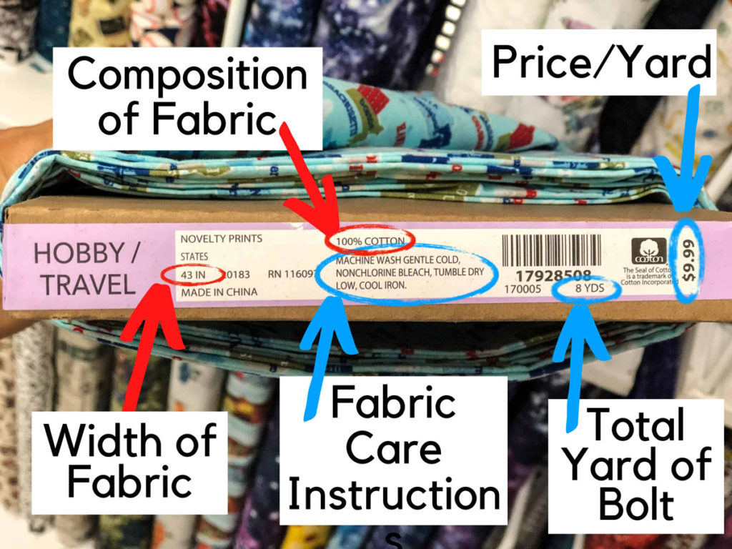 Shows bottom of fabric bolt with fabric information: Width of fabric, composition of fabric, fabric care instruction, price/yard, total yard of bolt