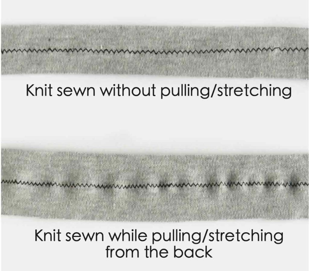 Comparison of zigzag stitch sewn without pulling/stretching (top) and one sewn while pulling/stretching (bottom). 