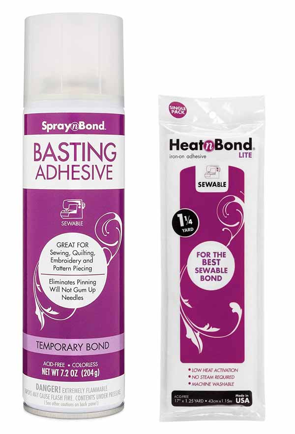 Shows spray adhesive and iron on adhesive for basting
