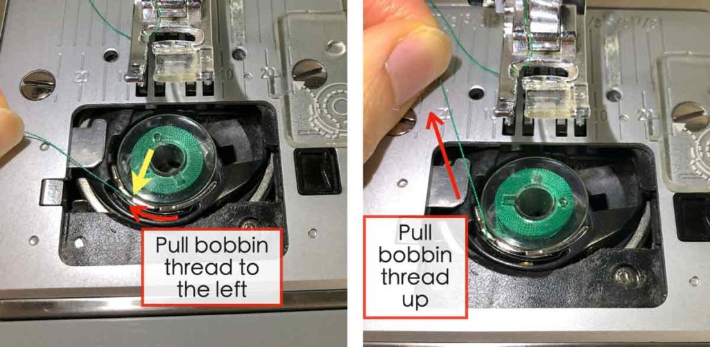 How to Thread the bobbin. Pull bobbin thread to left and up through the notch in bobbin case