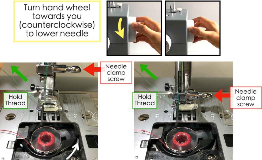 How to Thread the bobbin. Hold thread and lower needle by turning hand wheel towards you (counterclockwise).