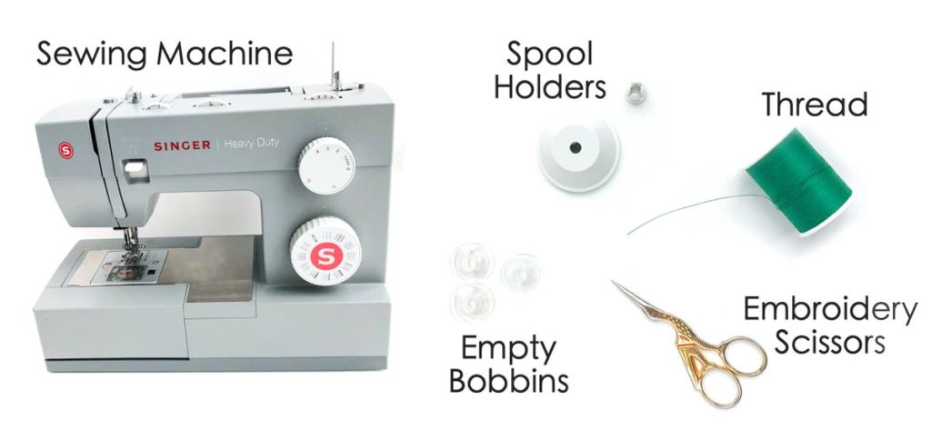 Shows materials needed to wind and thread a bobbin: Sewing machine, spool holders, empty bobbins, thread, and embroidery scissors