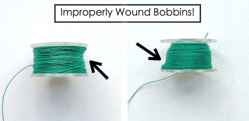 Shows two improperly wound bobbins with uneven winding visible on the side. How to wind a bobbin
