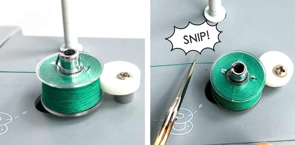How to Wind and thread the bobbin. Left photo shows a fully wound bobbin with thread end snipped. Right photo shows scissors cutting bobbin thread connecting to thread spool.