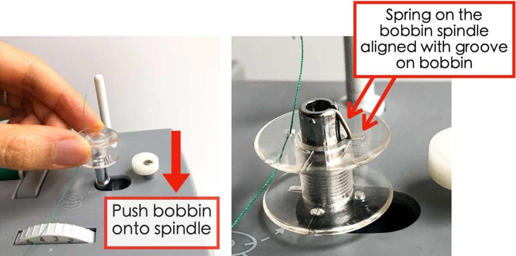 Left photo shows hand pushing bobbin down onto spindle. Right photo shows aligning spring on bobbin spindle with groove on bobbin. How to wind a bobbin