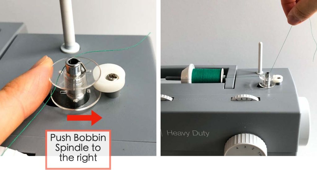 How to Wind and thread the bobbin. Pushing bobbin spindle (with bobbin on it) to the right and pulling thread through bobbin hole and up
