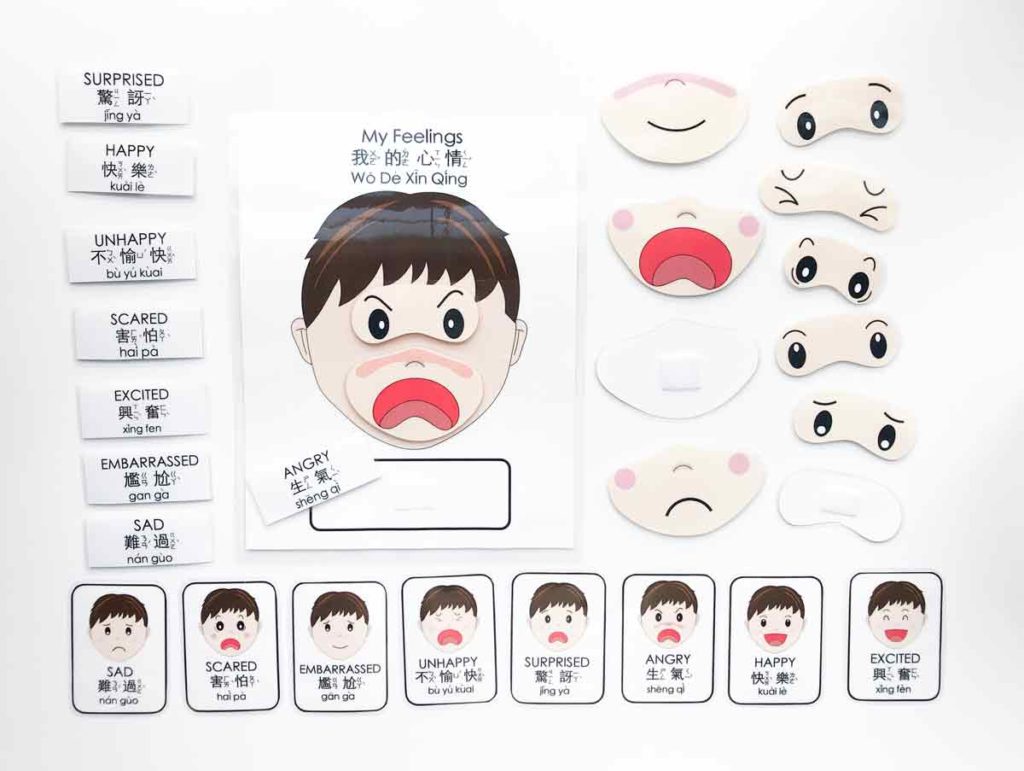 Full set of Free Printable Emotions Matching Activity Bilingual English and Chinese showing back side of facial expressions with velcro attached