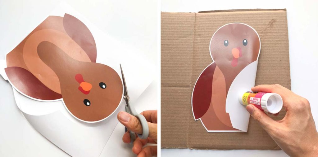 Shows cutting printable out and gluing it to cardboard box