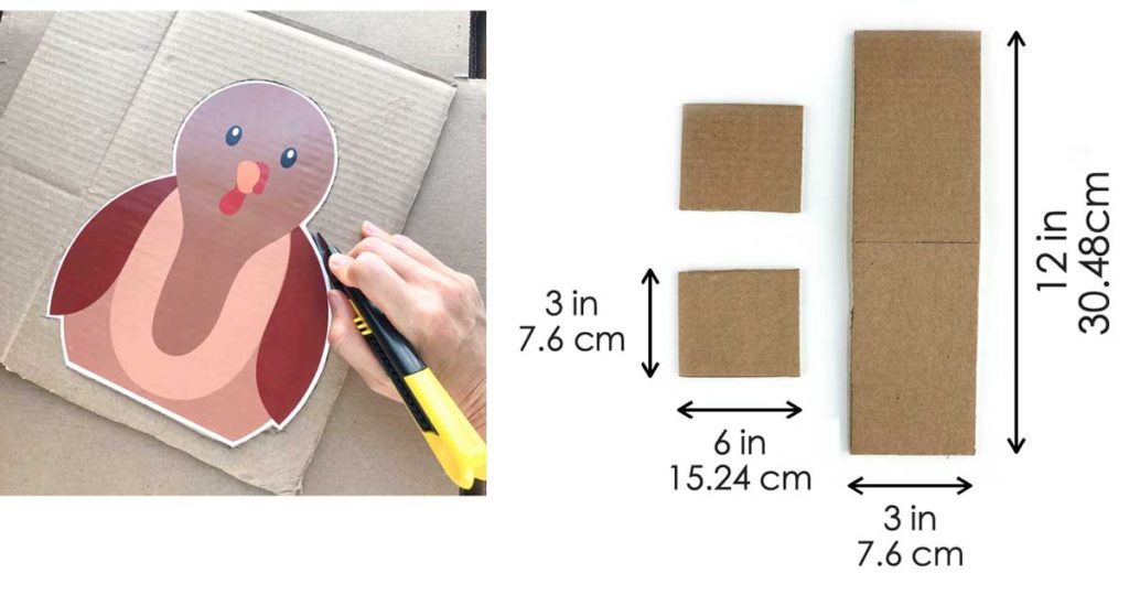 Left Image shows hands cutting out turkey printable from cardboard box. Right image shows dimensions to cut cardboard back pieces