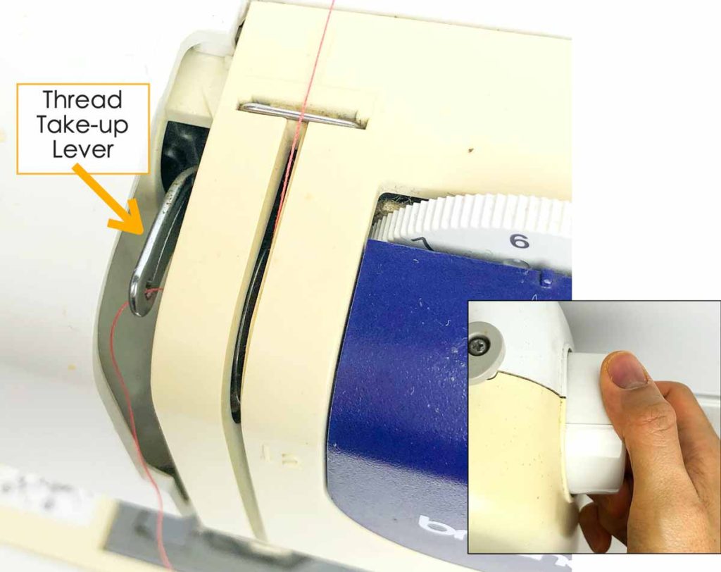 How to thread a brother sewing machine. Shows thread going through thread take-up lever from right to left. Right small photo shows hand wheel being turned towards you to raise the thread take-up lever to highest postion