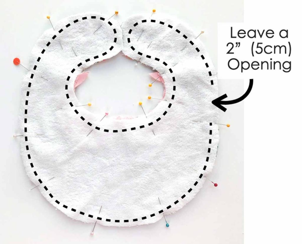 How to Make Baby Bib with Peter Pan Collar. Sewing bib right sides together and leaving a 2" (5cm) opening on side