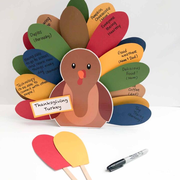 Shows Finished Thanksgiving Turkey Kids Craft with sharpie and extra feathers in the front