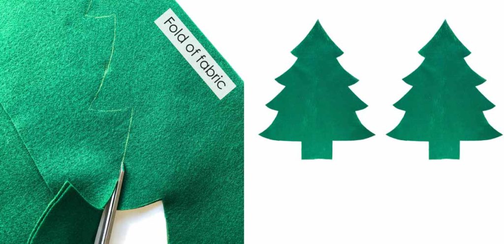 How to make a 3D Felt Christmas Tree with Free Printable pattern. Cutting pattern out on green felt