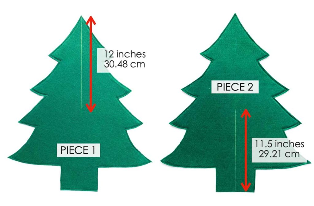 How to make a 3D Felt Christmas Tree with Free Printable pattern. Shows how to cut on piece 1 and piece 2 of felt tree