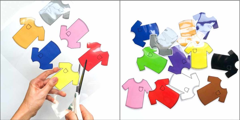 Cutting out laminated colored shirts. Color sorting and matching activity for toddlers and preschoolers. 