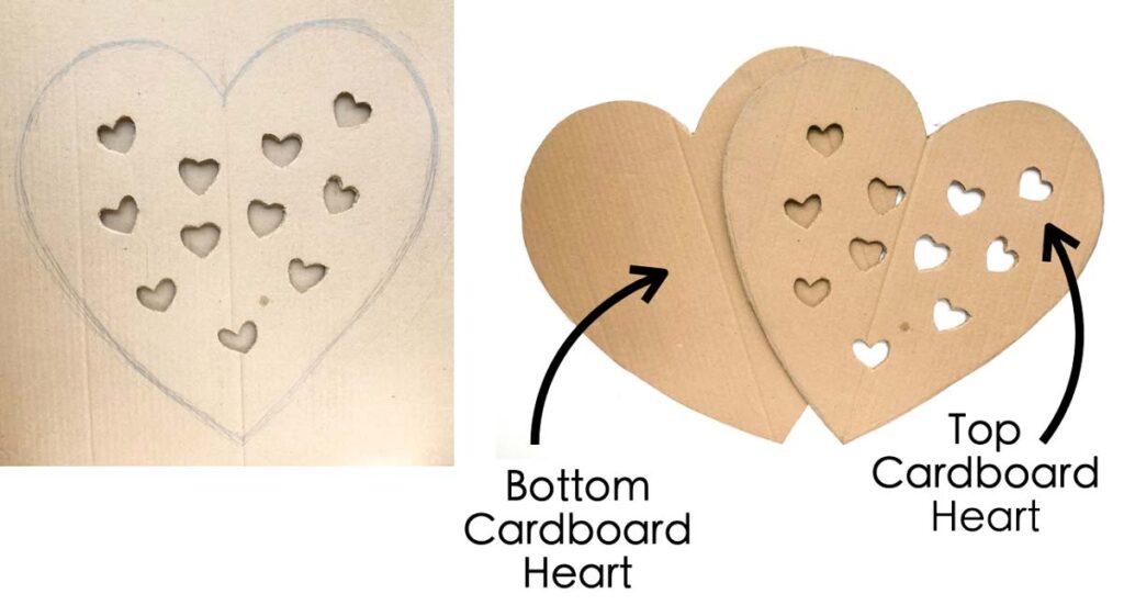 Heart Shape Activities for preschoolers. Biblical activity on love. Small heart shapes cut out on top cardboard and cut out a second cardboard heart for the bottom. 