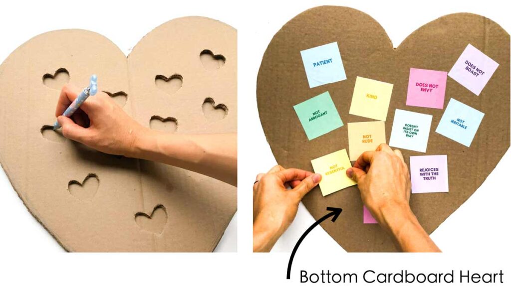 Heart Shape Activities for preschoolers. Biblical activity on love. Tracing heart shape cut out on bottom cardboard heart. Gluing colored text squares onto bottom cardboard heart. 
