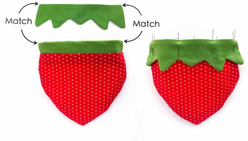 Strawberry drawstring pouch pattern. Pinning strawberry leaf to pouch.