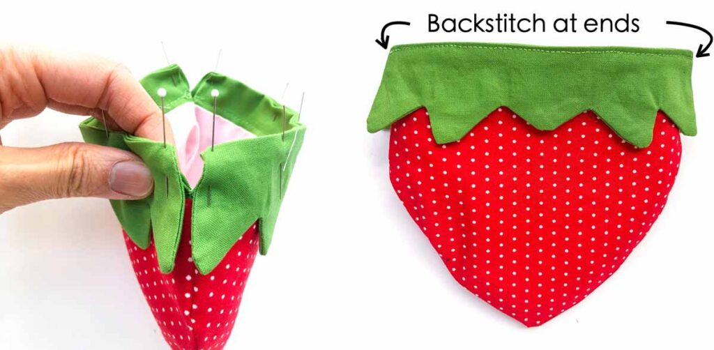 Strawberry drawstring pouch Pattern. Pinning and sewing leaf to pouch. 
