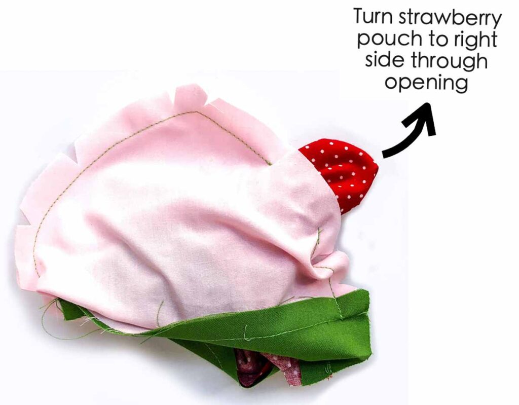 Strawberry Bag Pattern. Turning strawberry bag to right side through opening on lining. 