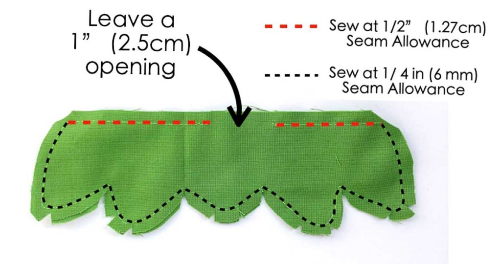 How to sew strawberry leaf accent. Sew at 1/2" seam allowance on top, leaving a 1" opening. Sew at 1/4" seam allowance on side and bottom of leaf