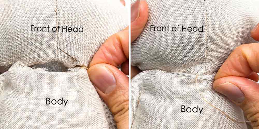 Shows how to stitch bunny head to body using invisible ladder stitch