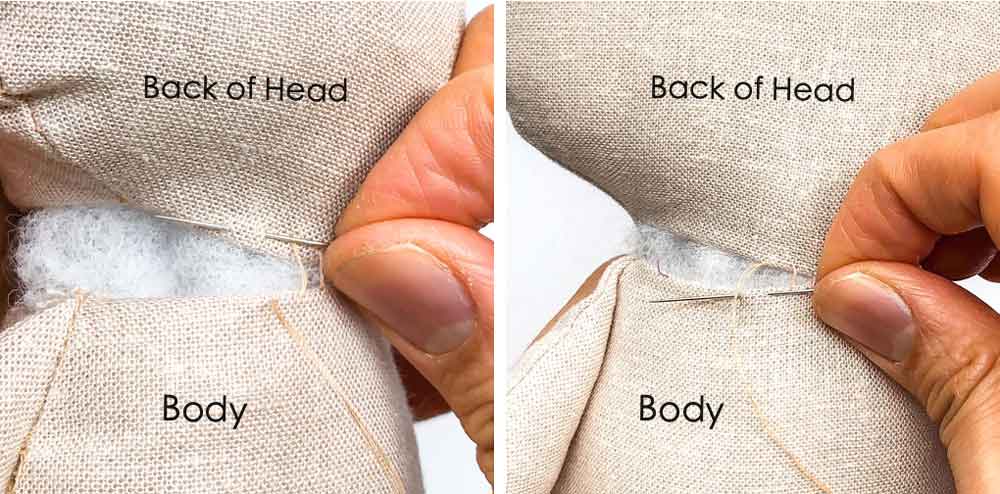 Shows how to stitch bunny head to body using invisible ladder stitch