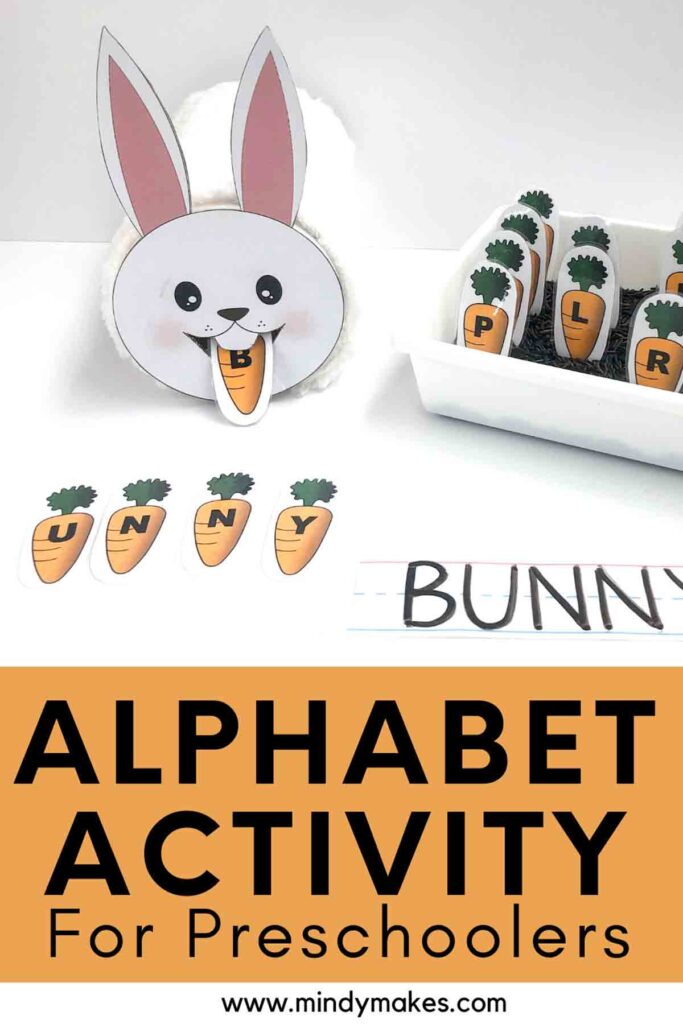 Feed the Bunny alphabet activity for preschoolers pinterest image