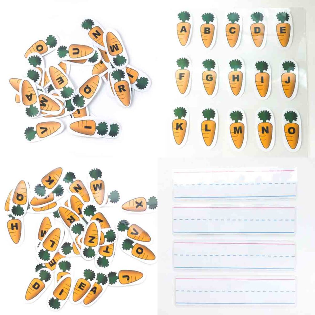 Feed the Bunny alphabet activity for preschoolers. Cutting and laminating carrot and handwriting practice free printables. 