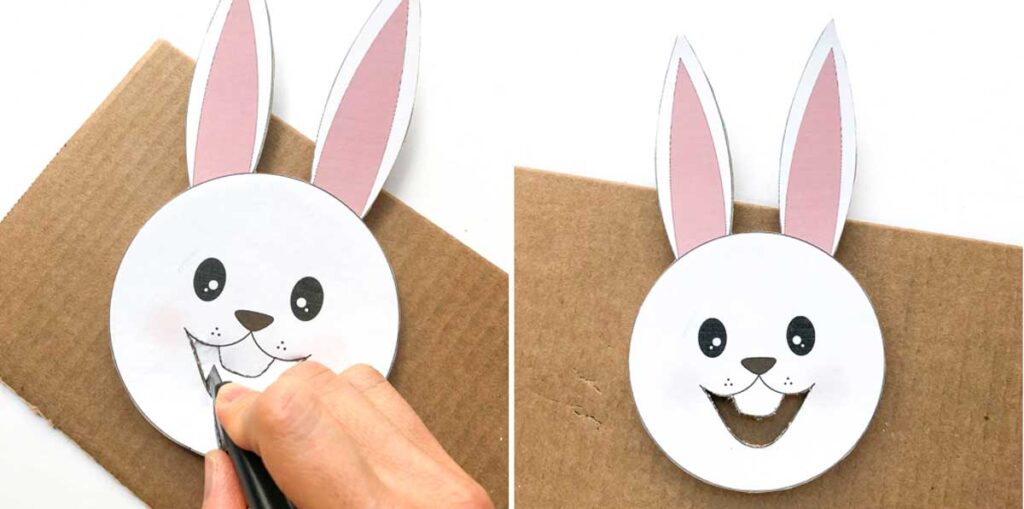 Feed the Bunny Letter recognition activity for toddlers. Cutting out mouth of bunny.