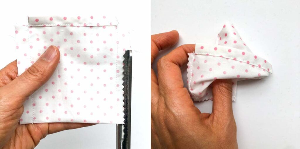 How to make a mini drawstring bag. Pinking side seams. 