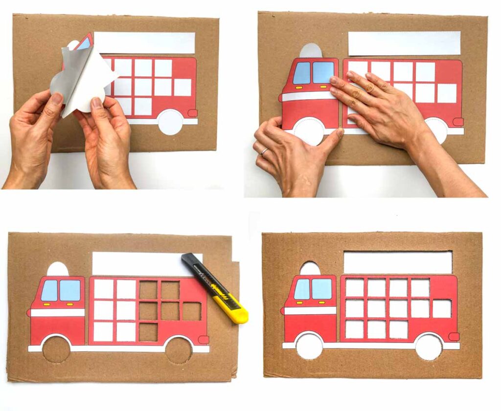 sticking and cutting out printable for firefighter matching activity for preschoolers