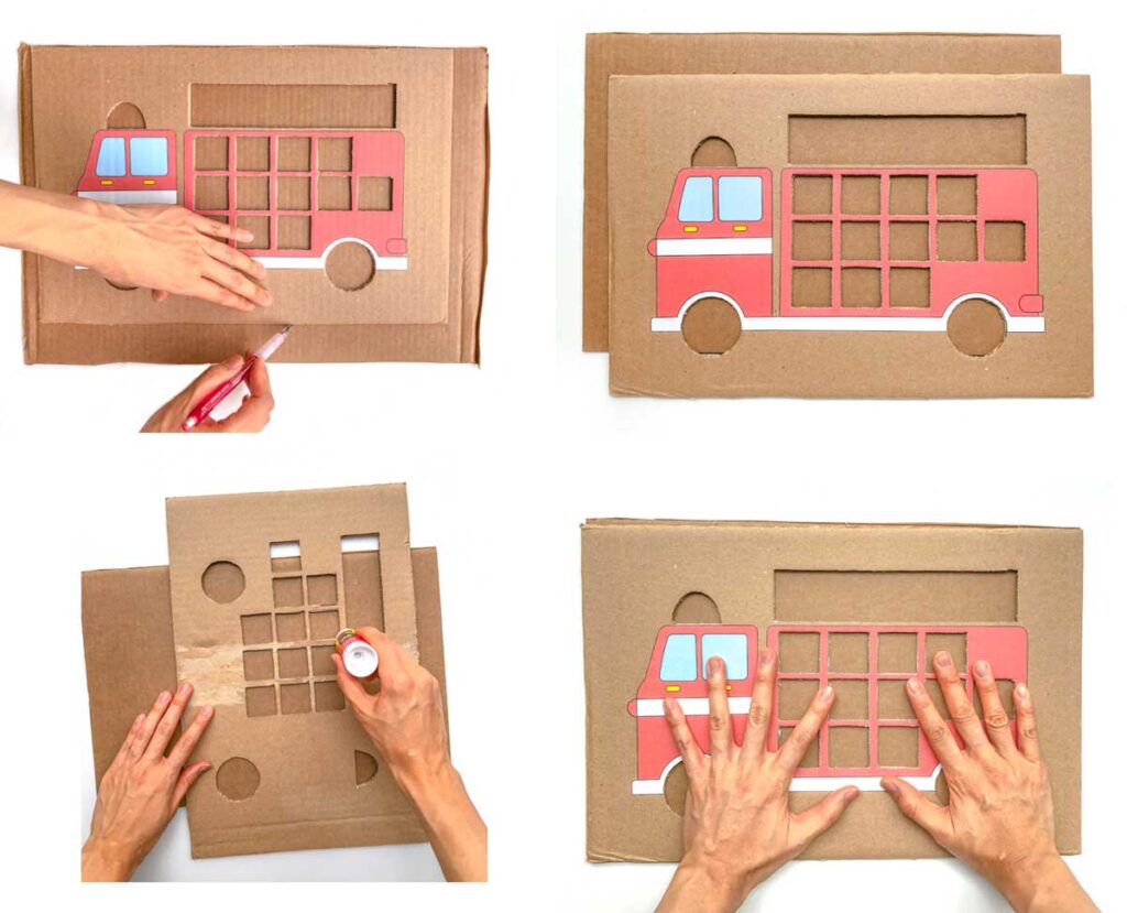 creating slots on firetruck for firefighter matching activity for preschoolers