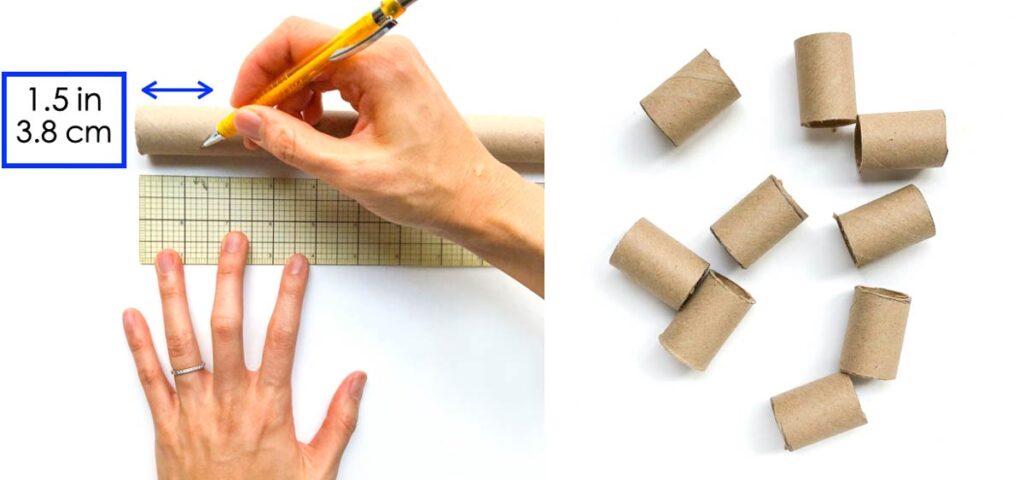 marking and cutting out paper towel roll to make matching activity for toddlers