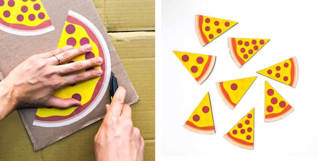Cutting cardboard pizza slices