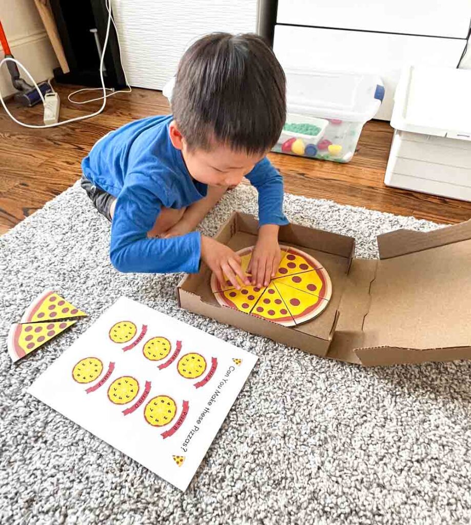 preschool kid playing with pizza counting numeracy activity