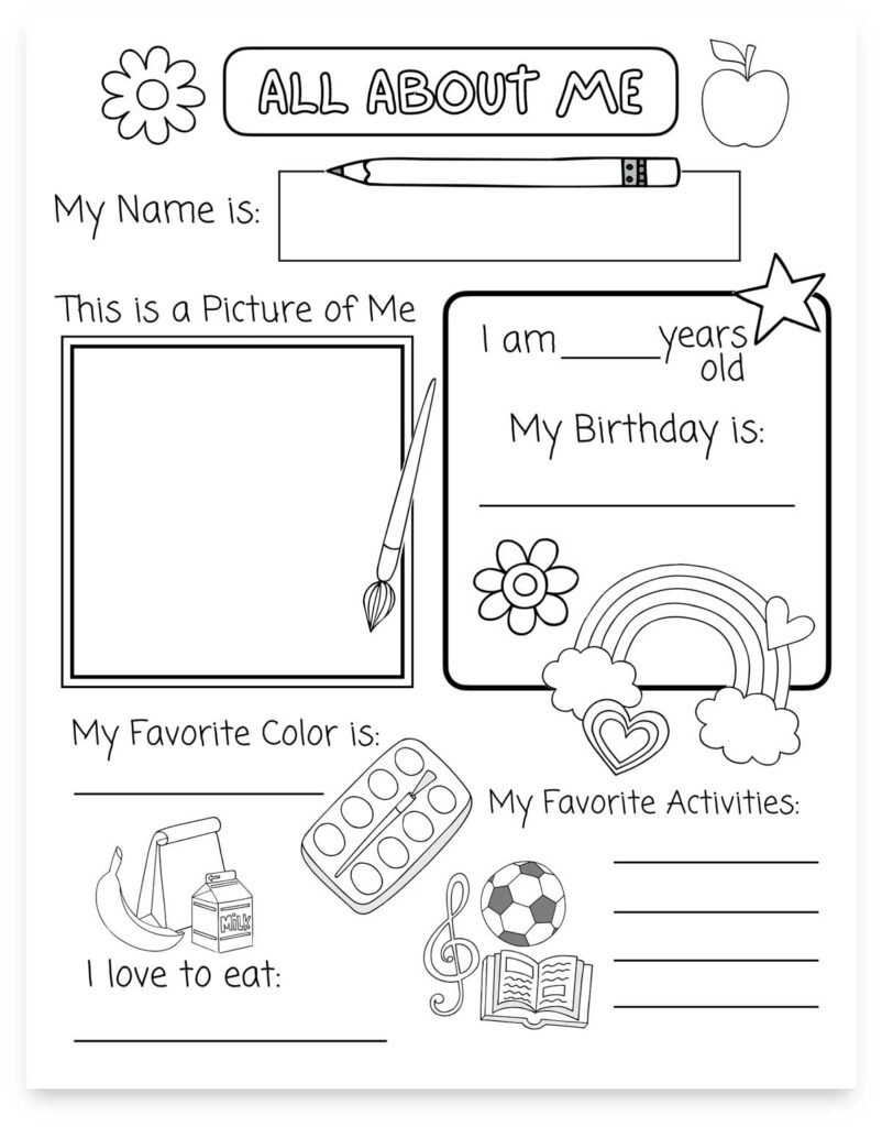 All about me worksheet preschool in black and white