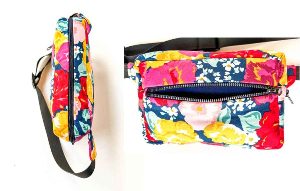 hip bag with top zipper closed (left) and front zipper open (right)