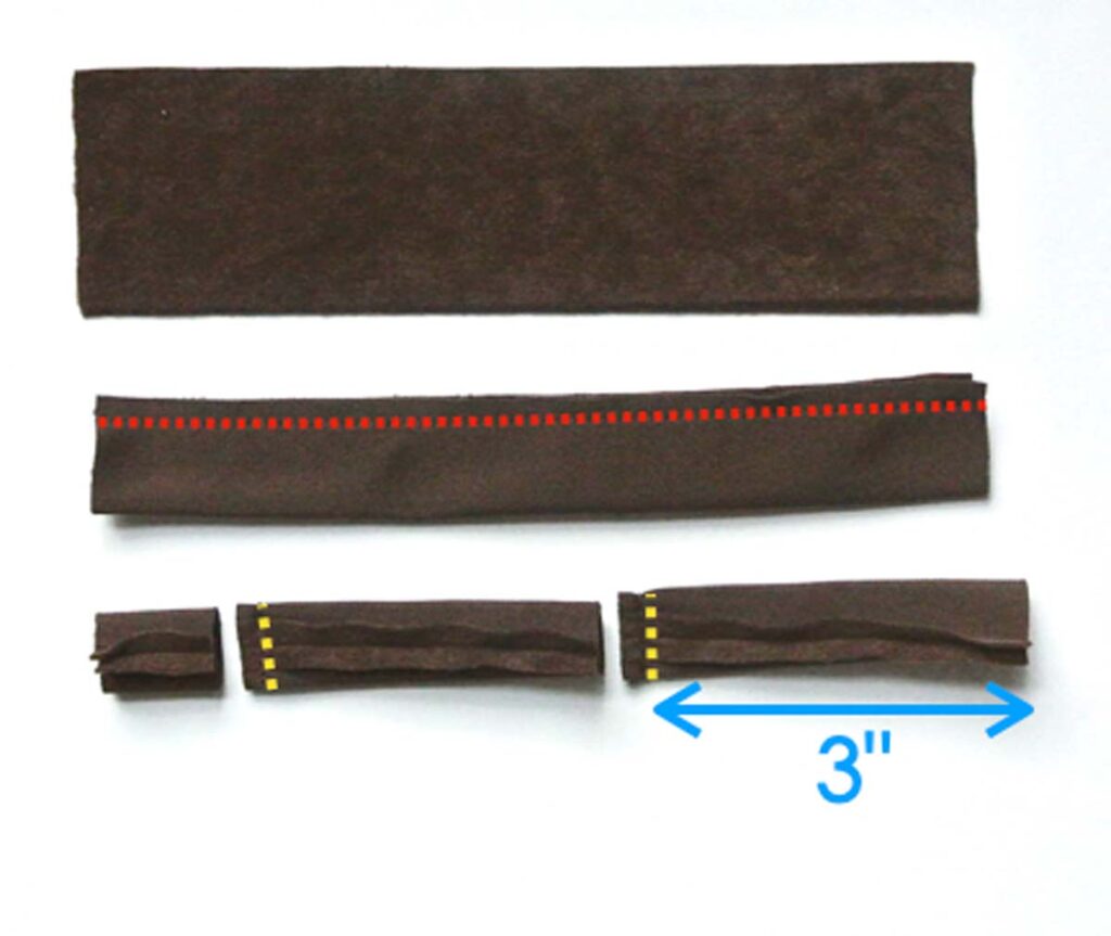 Folding suede straps in half, then sewing 3 in lengths to make velcro straps