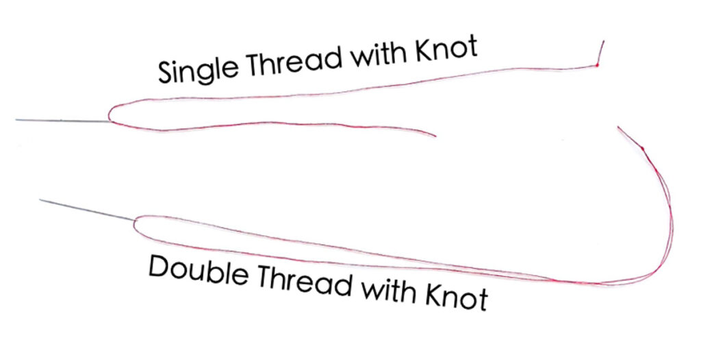 Single thread needle with knot on top and double thread needle on bottom