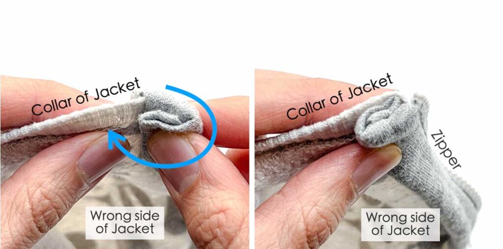 folding the facing in to hide serged edge of sweatshirt jacket